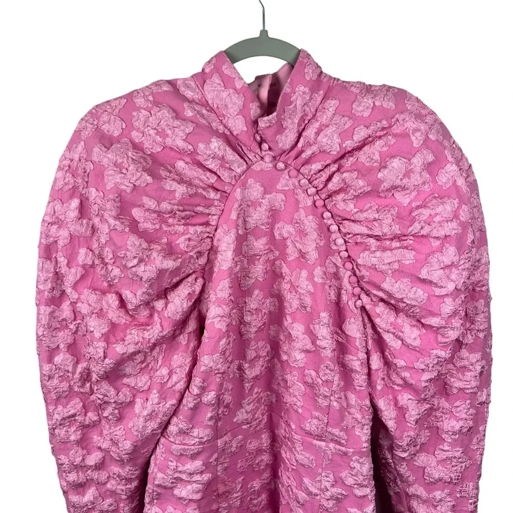 Textured Pink Puff-Sleeve Mini Dress - Picture 14 of 16